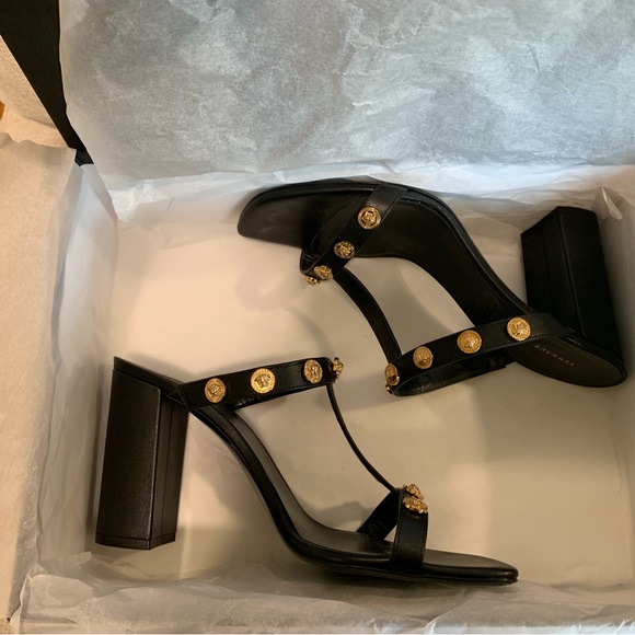 Black Leather Versace Pumps with Gold Medusa Studs - Picture 3 of 4